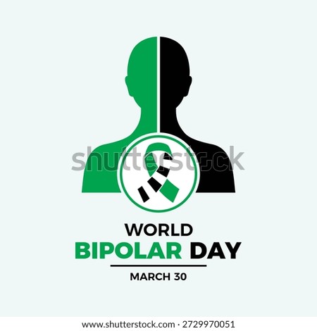 World Bipolar Day poster vector illustration. Green and black and white striped awareness ribbon icon. Split personality symbol. Template for background, banner, card. 30 March every year. Important day