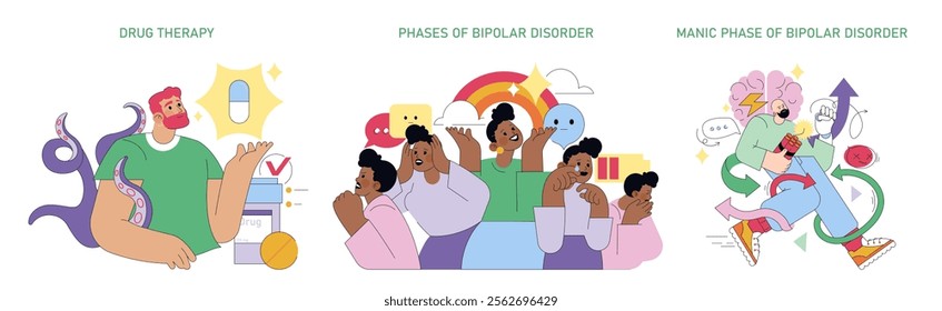 World Bipolar Day set. Awareness on bipolar disorder with drug therapy and manic phases. Treatment options, emotional changes and healthcare support. Vector illustration.