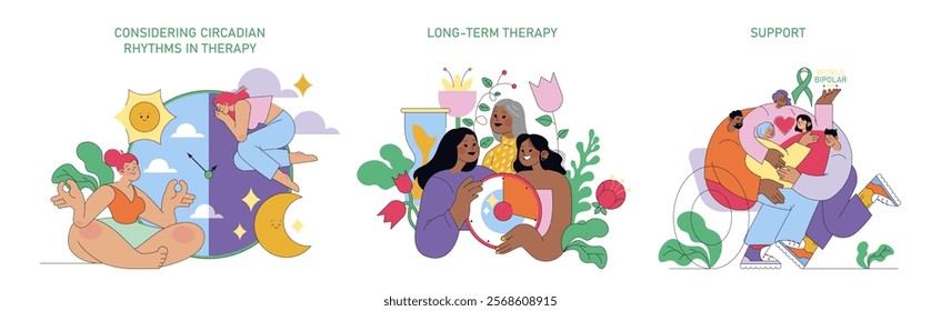 World Bipolar Day set. Awareness and support through circadian rhythms, long-term therapy, and community encouragement. Vector illustration.