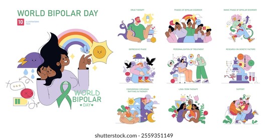 World Bipolar Day set. Illustrating treatment phases, support, and research in bipolar disorder. Personalized care, drug therapy, and mental health awareness. Vector illustration.