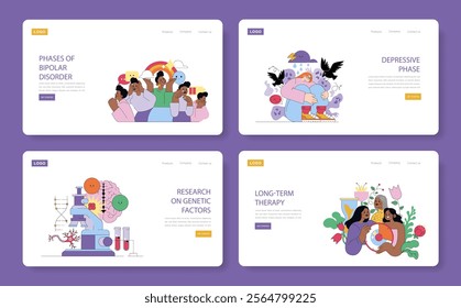 World Bipolar Day set. Understanding bipolar disorder stages, research, and therapy. Mental health awareness and medical insights. Vector illustration.