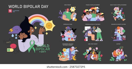 World Bipolar Day set. Understanding bipolar disorder, its phases, and treatments. Illustrations depict support, therapy, and medical research. Vector illustration.