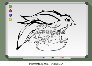 World bird day. Hand drawn stock illustration. Black and white whiteboard drawing.