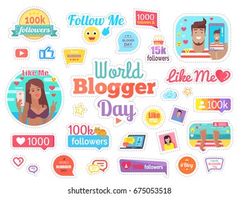 World blogger day with 100 k followers and like me symbol, photo and survey on smartphone with adult boy and girl vector illustration.
