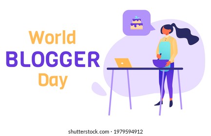 World Blogger Day horizontal banner template with cheerful female food-blogger streaming or filming cake making process. Modern tendencies in the job market. Influencers and conyent-creators.