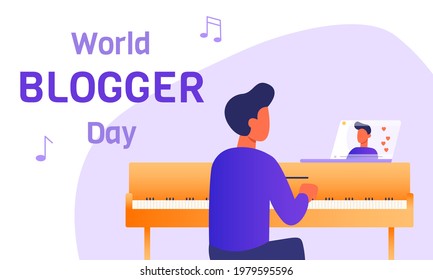 World Blogger Day horizontal banner with a male blogger musician broadcasting live in a social media while playing a piano. Modern tendencies in the job market. Influencers and content-creators.