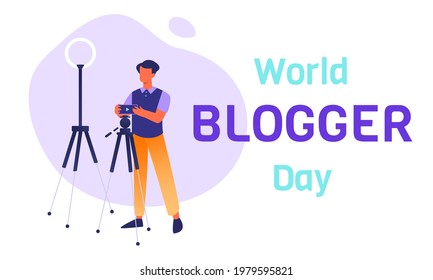 World Blogger Day horizontal banner template with lifestyle male-blogger taking a video or photo cover. Modern tendencies in the job market. Influencers and content-creators as new professions.