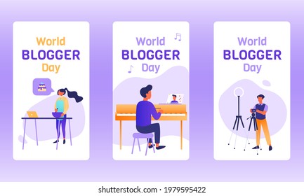 World Blogger Day stories with food-, lifestyle- and musician blogger streaming or taking video-content. Modern tendencies in the job market. Influencers and content-creators as new professions.