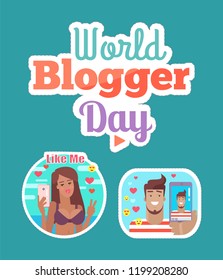 World blogger day woman and man blogging and streaming sticker set vector. Patches of female and male, social networking and smileys emojis video