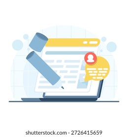 Weltweites Konzept für Bloggen und die Erstellung von Medieninhalten. PR-Agentur und digitale Werbegrafik mit Laptop, Webseite, Bleistift und Lautsprechersymbolen im flachen Stil.