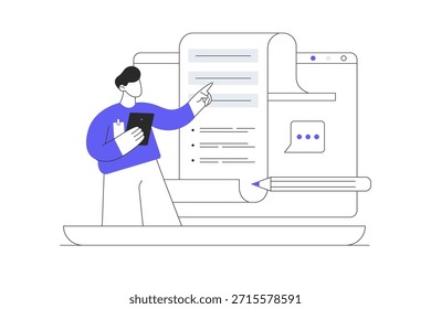 World blogging and media content making. Public relations. PR agency page pencil. Man Character speaker, digital advertising. Flat Cartoon Vector Illustration, icon Stylish abstract design landing page web