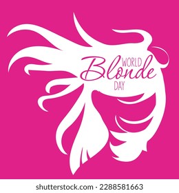 World Blonde Day. The silhouette of a beautiful woman with hair flowing in the wind. Template for postcards, greetings, flyers, banners for beauty salons, hairdressers. Barbie color with white outline