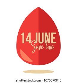 World blood donor day element with big red drop and shadow isolated on white background. 14th june giving blood charity and saving life vector illustration.