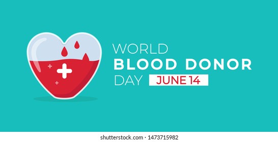 World blood donor day flat banner vector illustration. Red drops falling in heart-shaped glass with white cross. Volunteering for lifeblood donation concept. Isolated on blue