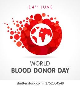 Día mundial del donante de sangre, mapa y letras. Ilustración vectorial del concepto de sangre donada con forma abstracta gota roja con letra de forma o para el Día del Donante, 14 de junio