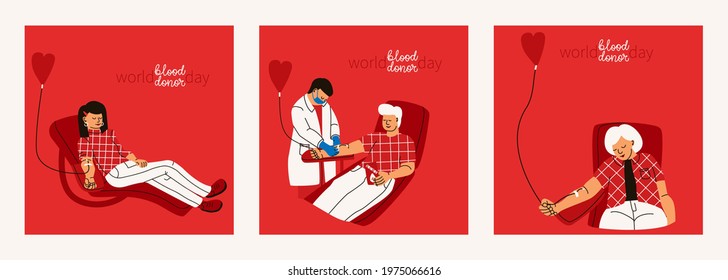 World Blood Donor Day. Set Of Vector Illustrations On Blood Donor Concept. Men And Women Donate Blood Voluntarily. A Nurse In A Medical Uniform And Protective Mask Assists At The Transfusion Station