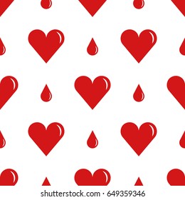 World Blood Donor Day, tileable background. Heart with a drop of blood, symbolizes donation and charity. Vector seamless pattern.