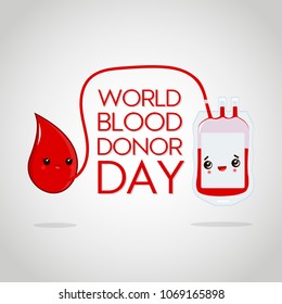 World blood donor day. Vector illustration with cute drop of blood and blood pack for