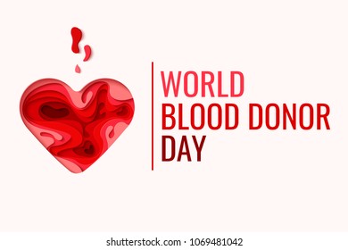 World Blood Donor Day vector background. Awareness poster with red paper cut blood heart. Hemophilia day concept