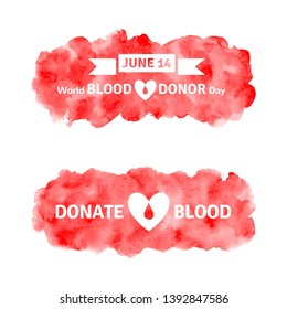 World blood donor day vector illustrations. Typographic composition and red, scarlet watercolor rectangle shape with uneven edge. Lettering with date, heart and drop. Hand drawn watercolour background
