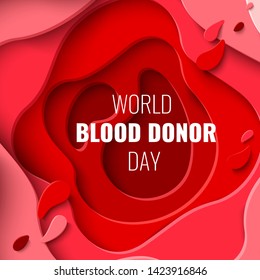 World Blood Donor Day vector paper cut background. Abstract medical banner with red paper cut blood color layers. 14 june. Hemophilia day poster