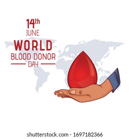 Día Mundial del Donante de Sangre, fondo vectorial. Afiche de sensibilización con la mano sosteniendo una gota de sangre, el concepto de donación de sangre. 14 de junio. Concepto del día de la hemofilia