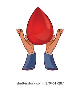 Weltblutspendertag, Vektorillustration-Hintergrund. Sensibilisierungspaket mit Händen halten einen Tropfen Blut, das Konzept der Blutspende. 14. Juni. Hämophilie-Tageskonzept