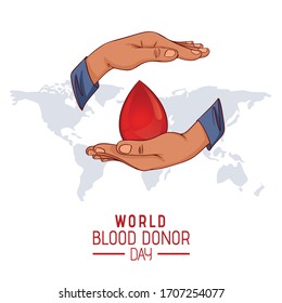 Día Mundial del Donante de Sangre, fondo vectorial. Afiche de sensibilización con las manos sosteniendo una gota de sangre, el concepto de donación de sangre. 14 de junio. Concepto del día de la hemofilia
