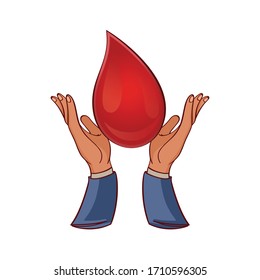 Weltblutspendertag, Vektorillustration-Hintergrund. Sensibilisierungspaket mit Händen halten einen Tropfen Blut, das Konzept der Blutspende. 14. Juni. Hämophilie-Tageskonzept