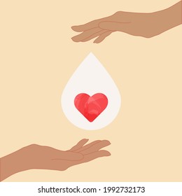 World blood donor day vector illustration. The red heart between her hands. Illustration of donate blood concept - save a life give blood. World Hemophilia Day,Poster Or Banner Background.