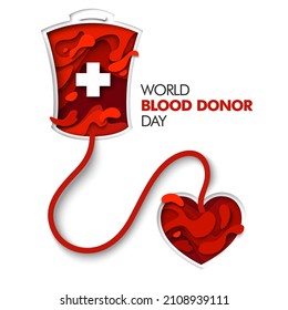 World Blood Donor Day Vector Poster Template. Paper Cut Red Blood Bag With Medical Cross Connected To Heart. Blood Donation.