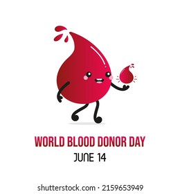 World Blood Donor Day vector cartoon greeting card, illustration with cute blood drop character. June 14.