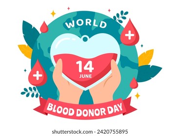 Ilustración de vectores del Día Mundial de Donantes de Sangre el 14 de junio con sangre donada por humanos para dar al ganador en Save Life in Flat Cartoon Background