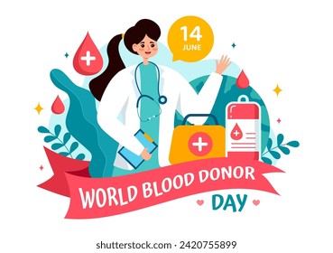 Ilustración de vectores del Día Mundial de Donantes de Sangre el 14 de junio con sangre donada por humanos para dar al ganador en Save Life in Flat Cartoon Background
