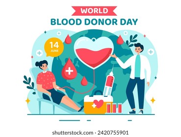 Ilustración de vectores del Día Mundial de Donantes de Sangre el 14 de junio con sangre donada por humanos para dar al ganador en Save Life in Flat Cartoon Background