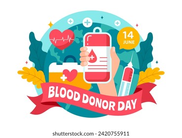 Ilustración de vectores del Día Mundial de Donantes de Sangre el 14 de junio con sangre donada por humanos para dar al ganador en Save Life in Flat Cartoon Background