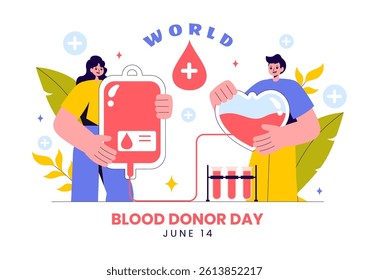 World Blood Donor Day Vector Illustration on June 14, Featuring Human Donated Blood to Help Recipients and Save Lives in a Flat Style Background