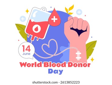 World Blood Donor Day Vector Illustration on June 14, Featuring Human Donated Blood to Help Recipients and Save Lives in a Flat Style Background