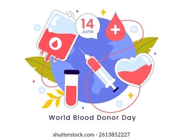 World Blood Donor Day Vector Illustration on June 14, Featuring Human Donated Blood to Help Recipients and Save Lives in a Flat Style Background