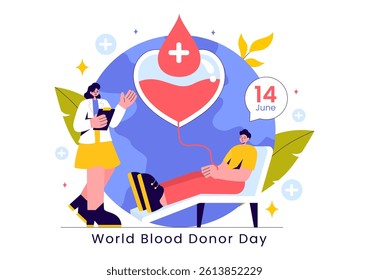 World Blood Donor Day Vector Illustration on June 14, Featuring Human Donated Blood to Help Recipients and Save Lives in a Flat Style Background