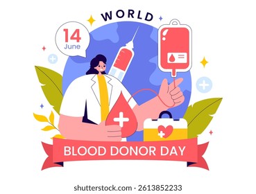 World Blood Donor Day Vector Illustration on June 14, Featuring Human Donated Blood to Help Recipients and Save Lives in a Flat Style Background
