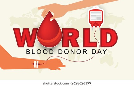 World blood donor day vector banner. Man donate blood, blood bag and hand