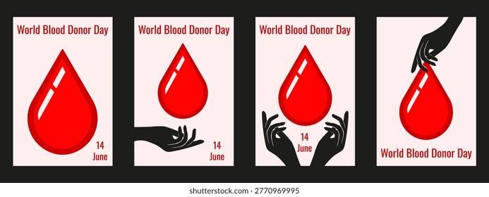 World Blood Donor Day. Vector illustration of drop of Blood in hands isolated light background. Perfect World Blood Donor Day greeting poster cover set. EPS 10