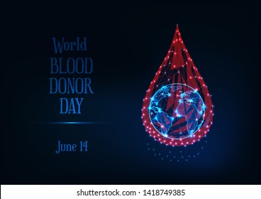 World blood donor day web banner template with glowing low poly blood drop and planet earth globe and text on dark blue background. Futuristic wireframe design vector illustration.