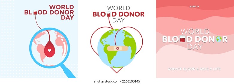 World Blood Donor Vector Set.  Social Media Square format. Blood transfusion concept under magnifying glass and drop. Transfusion to earth icon with heart. Blood Bag cute typography. Vector. EPS 10.