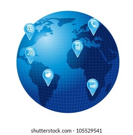 world with blue communication icons. vector illustration