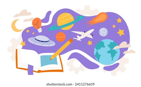 El mundo del concepto de libro. Imaginación y fantasía, sueño. Ficción y libro de texto con espacio y cosmos. Planetas y universo, estrellas. Dibujo vectorial plano de dibujos animados aislado en fondo blanco