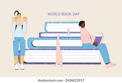 World book and copyright day banner template. Teenagers reading lover. Learning and education holiday. Vector flat illustration.