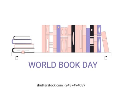 World book and copyright day banner template. Reading lover. Bookshelf with text. Learning and education holiday. Vector flat illustration.