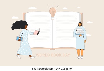 World book and copyright day banner template. Two girls with literature. Reading lovers exchange swap and fair. Learning and education holiday. Vector flat illustration.